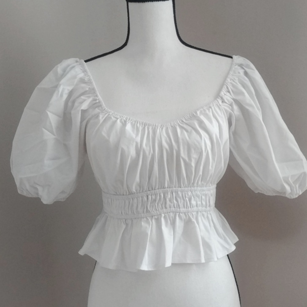 Express Puff Sleeve Cinched Waist peplum cropped top